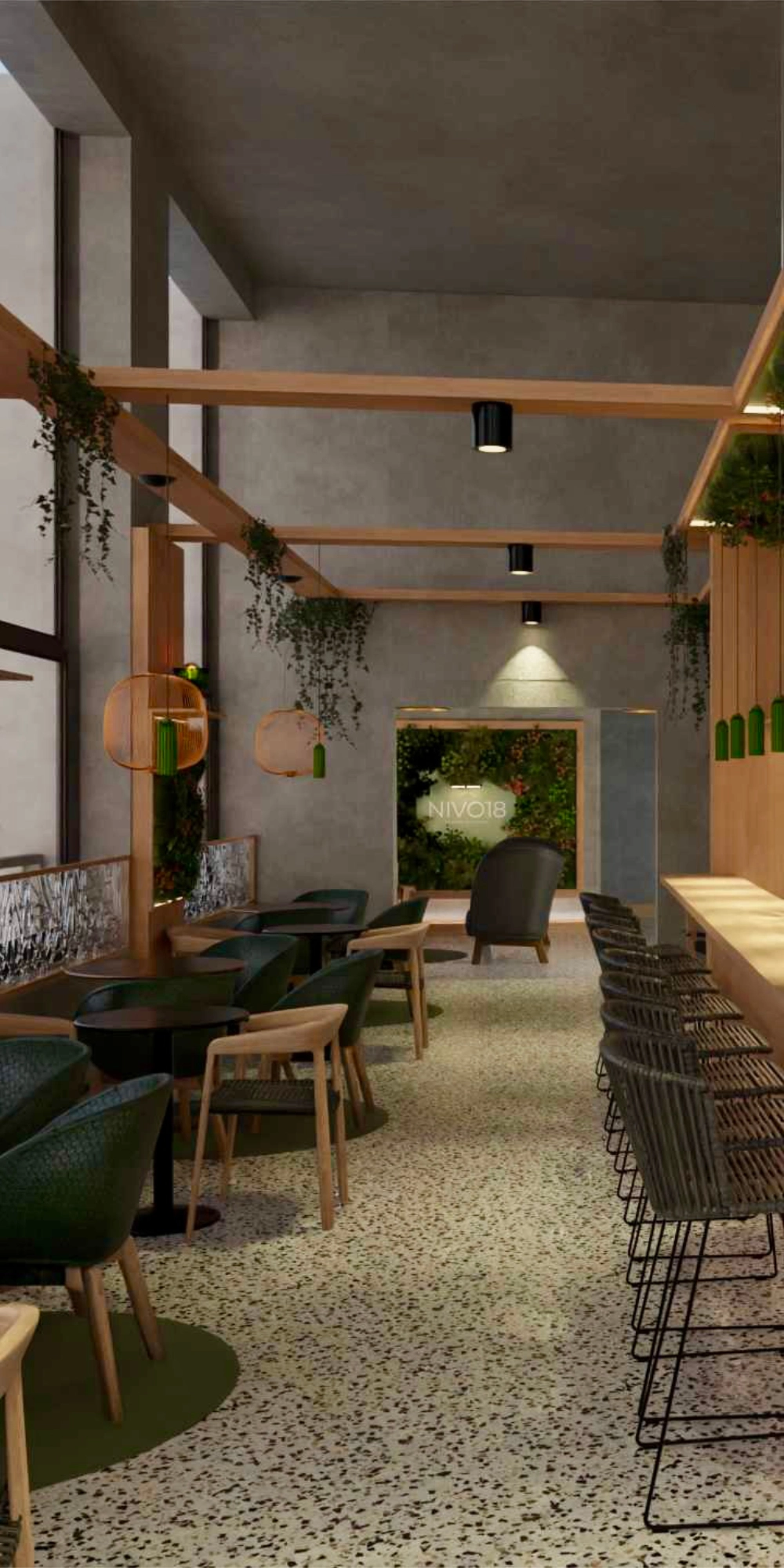 Complete interior design concept for the Nivo18 café-bar / Identity: At the summit of nature