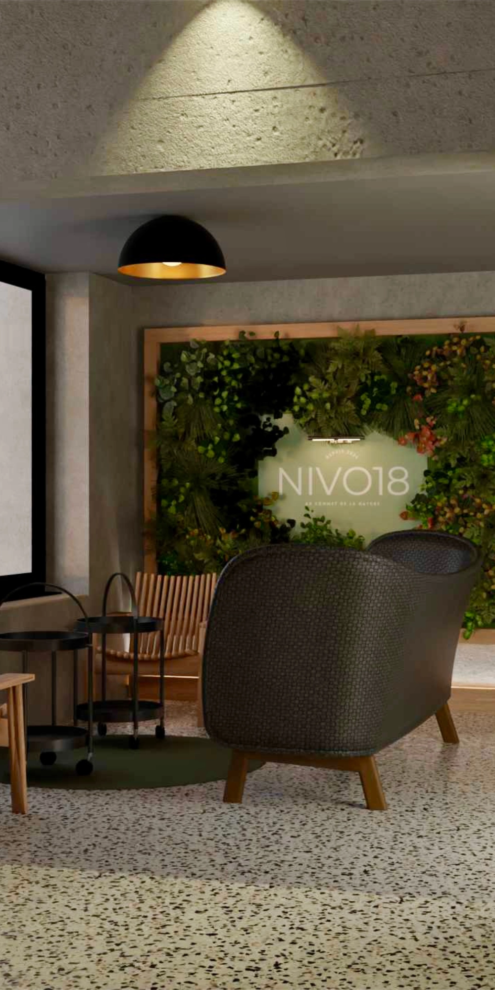 Complete interior design concept for the Nivo18 café-bar / Identity: At the summit of nature